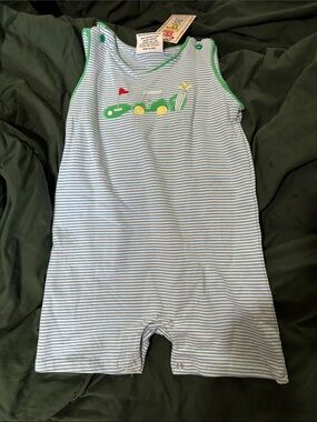 Blue & White Striped Golf-Print  One-Piece Romper